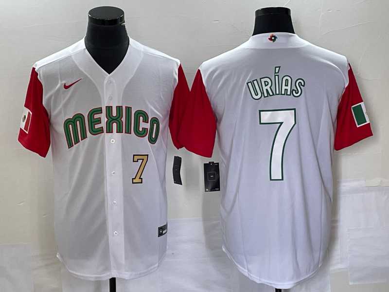 Mens Mexico Baseball #7 Julio Urias Number 2023 White Red World Classic Stitched Jersey 34